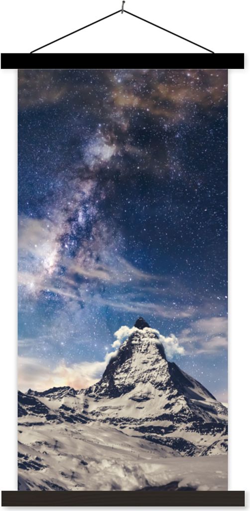 MuchoWow Textilposter Matterhorn und Sternenhimmel bei Zermatt Schweiz 40x80 cm mit schwarzem Rahmen - Wandemalerei