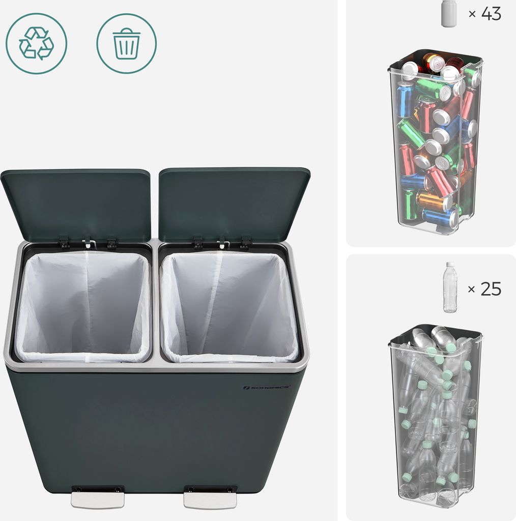 SONGMICS Mülleimer 60L mit Müllbeutel mit 2 Fächern 2 x 30 Produktbild 6