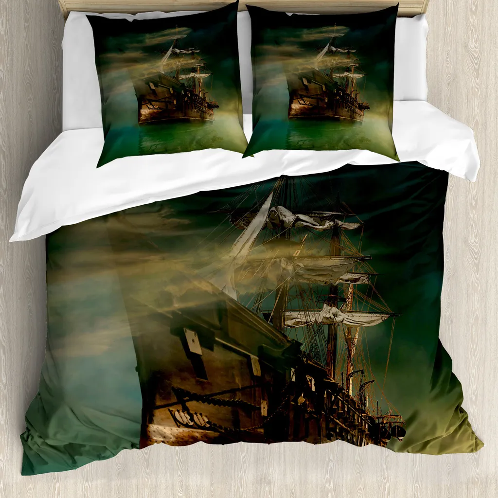 ABAKUHAUS Copripiumino fantasia, Old Ship su acque tranquille, antiacaro, adatto a chi soffre di allergie, con federe, 200 cm x 200 cm - 80 x 80 cm, verde marrone blu scuro