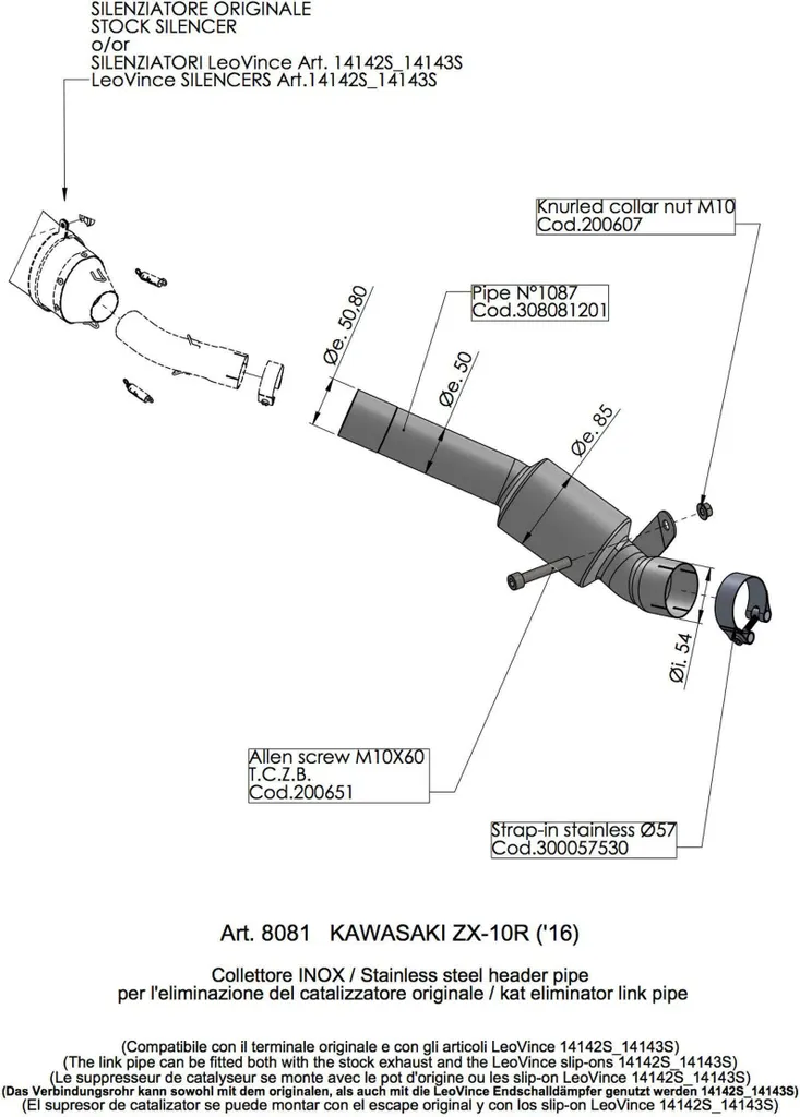 Tige d'extraction LeoVince 8081 pour catalyseur moto haute performance