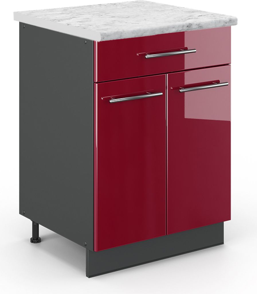 Küchenunterschrank Vicco Fame-Line Bordeaux Hochglanz 60 cm mit Schublade, AP Marmor, Model 45781