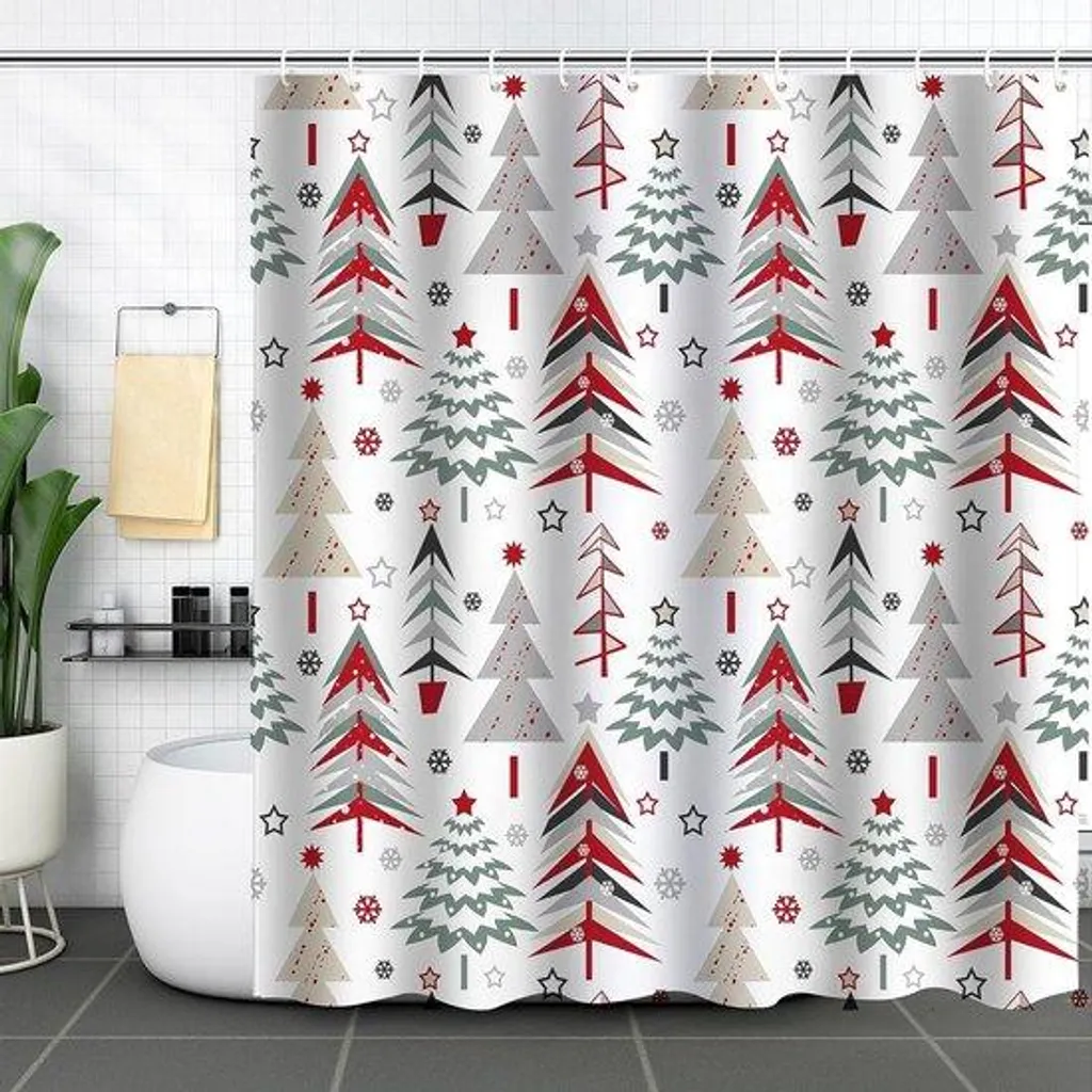 Rideau de Douche Noël Rouge Étoiles et Flocons - Imperméable 183x183cm