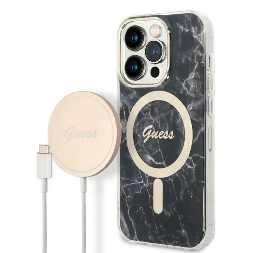 Guess Set Magsafe Ladegerät + Hülle Für Iphone 14 Pro Max 6.7 Schwarz Marmor Magsafe (Gubpp14Xhmeacsk)