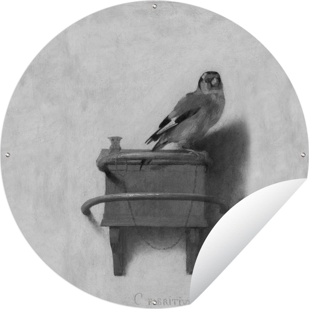 MuchoWow Gartenposter Outdoor-Poster Rund Stieglitz - Alter Meister - Carel Fabritius - schwarz und weiß Ø 90 cm Gartendeko Rundes Poster draußen