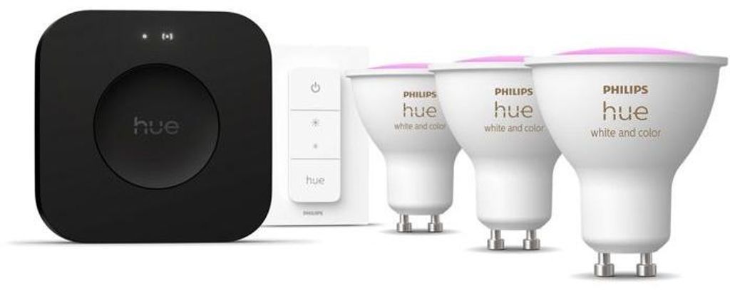 Philips Hue Starter Kit, Bridge Pro, 3 GU10 Spots 400 Lumen, Dimmer Switch, Farbige Ambientebeleuchtung