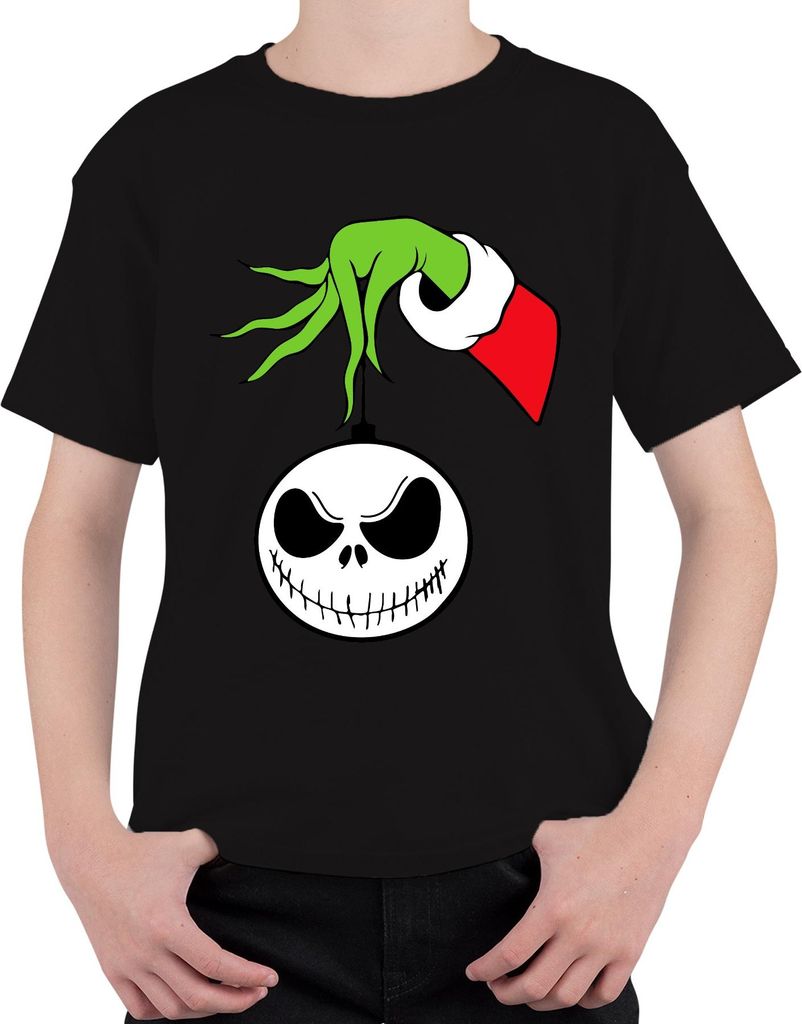 Jack Skellington Grinch Hand Weihnachtskugel Skelett Gothic Uni Kinder T-Shirt, Schwarz, 128
