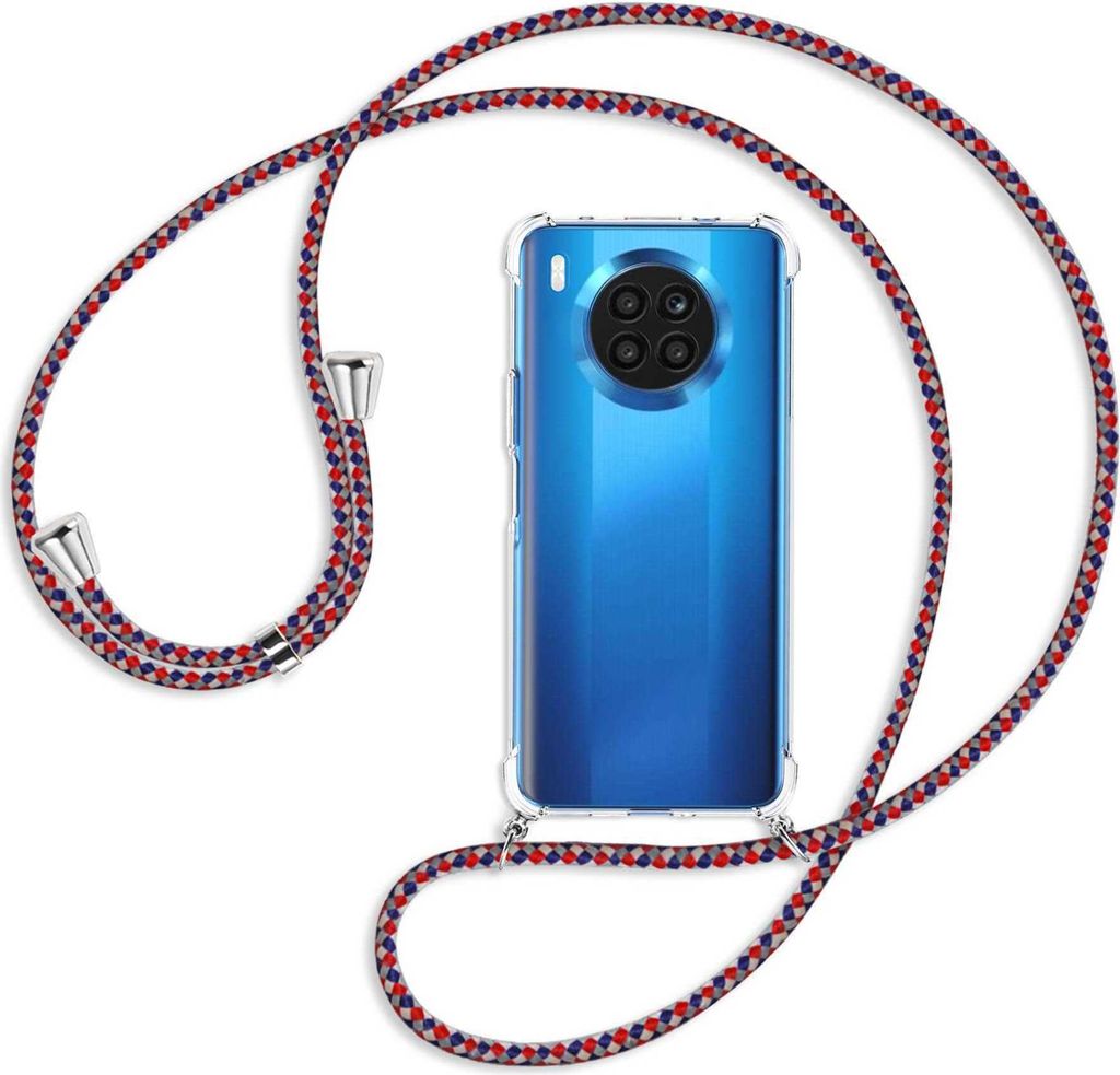 Handykette Backcover-Schutzhülle mit Band (Metall silberfarben) für Huawei nova 8i / Honor 50 Lite - silber/blau/rot