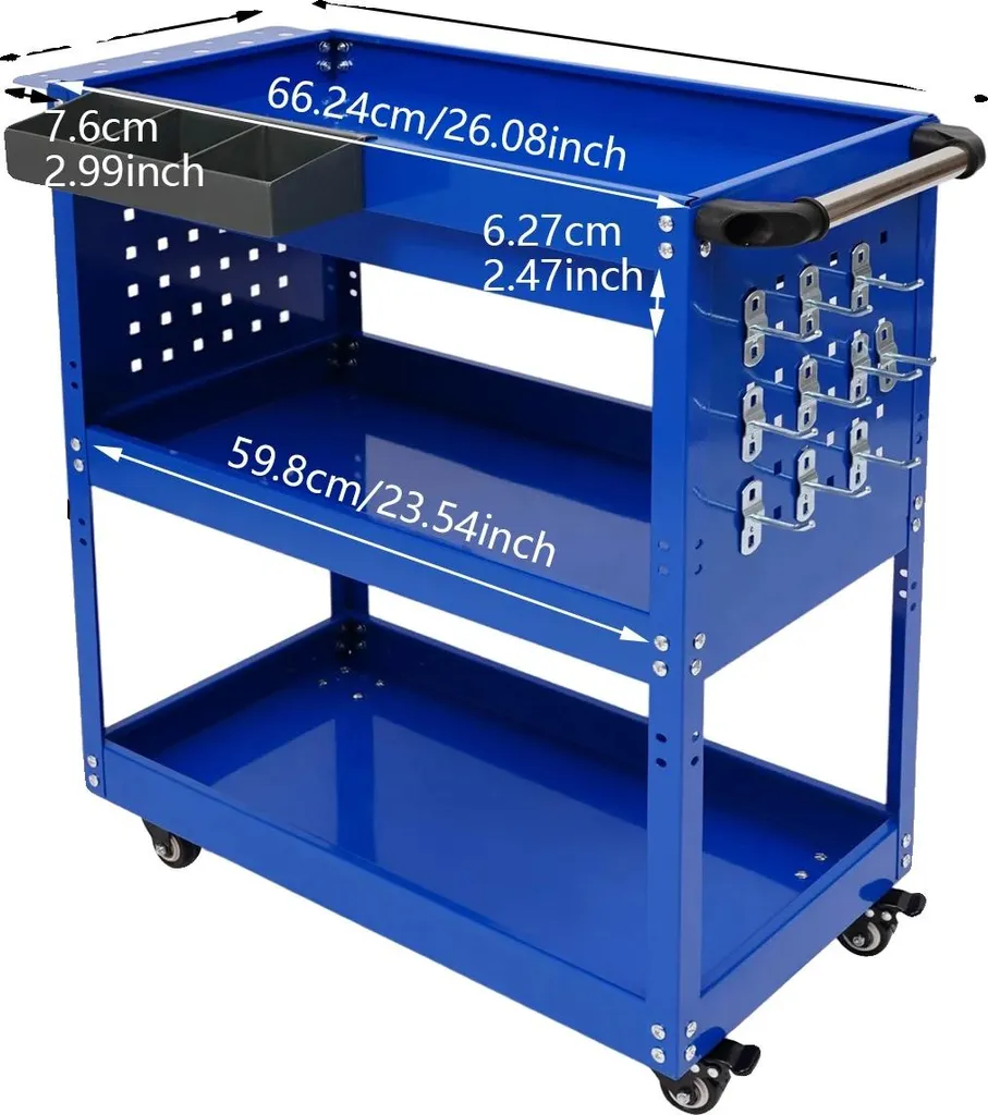 Chariot à roulettes en acier bleu 3 niveaux : fini le désordre au sol