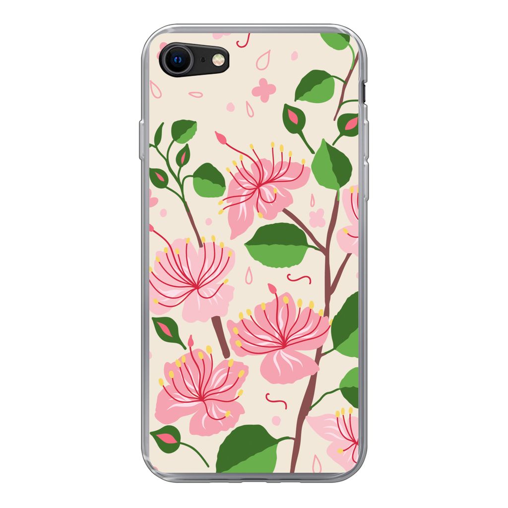 MuchoWow Handyhülle Schutzhülle Hülle für iPhone 8 Blume - Rosa - Blatt - Muster Silikon Softcase Handy Hülle - Schutzhaube