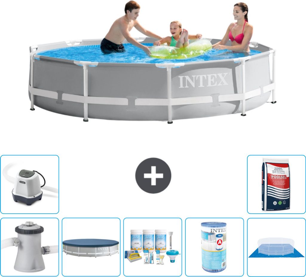 Intex Round Prism Frame Swimming Pool – 305 x 76 cm – Grau – inklusive Pumpe Abdeckung - Wartungspaket - Filter - Bodenplane - Salzwassersyst...