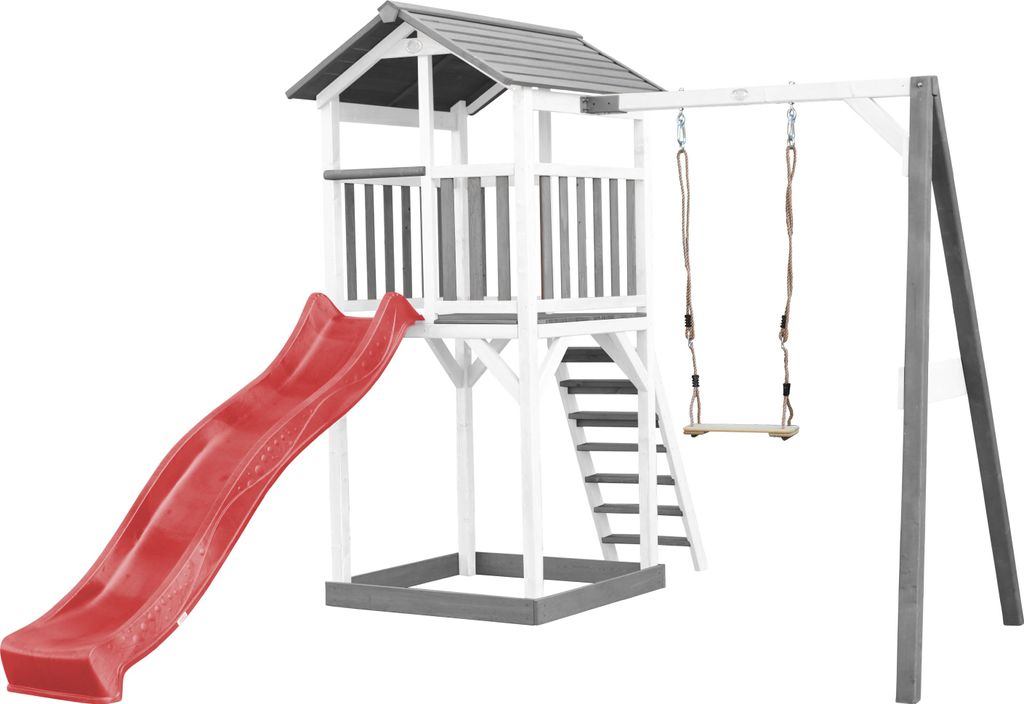 AXI Beach Tower Spielturm aus Holz in Weiß & Grau | Spielhaus für Kinder mit roter Rutsche, Schaukel und Sandkasten | Stelzenhaus für den Garten