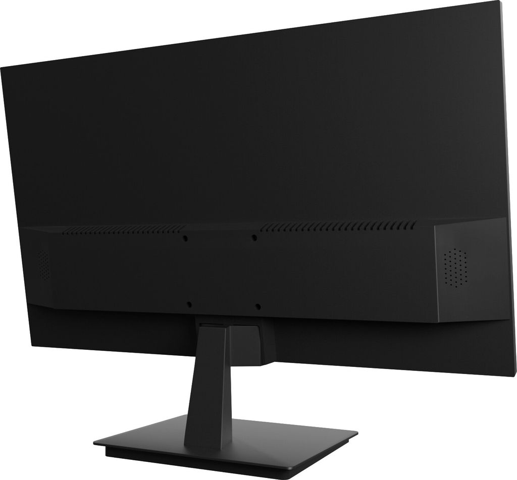 The back of a black computer monitor on a white background.