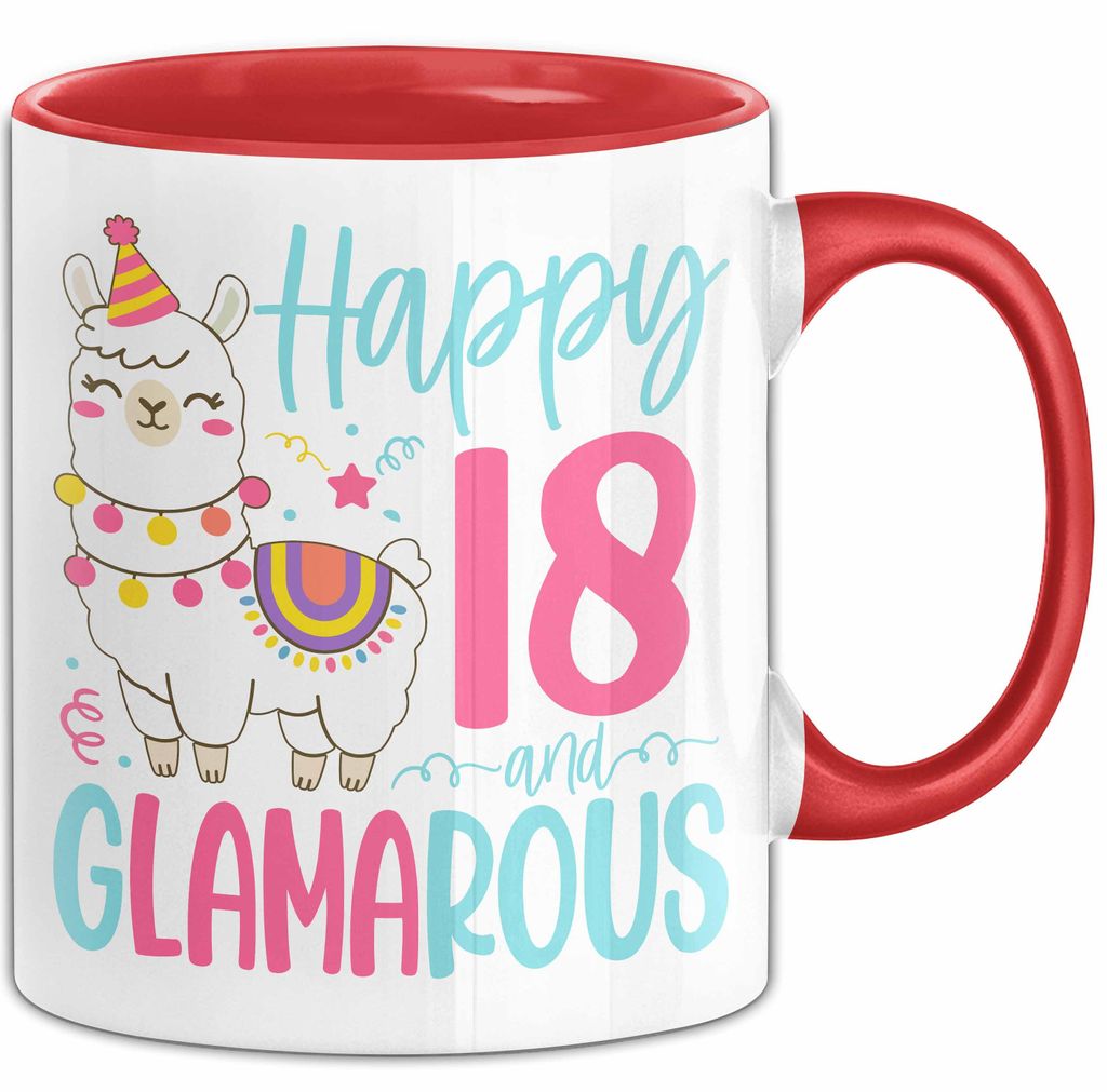 18er Geburtstag Tasse Geschenk Happy 18 And Glamarous Llama Alpaka Liebhaber Geschenkidee zum Geburtstag (Rot)