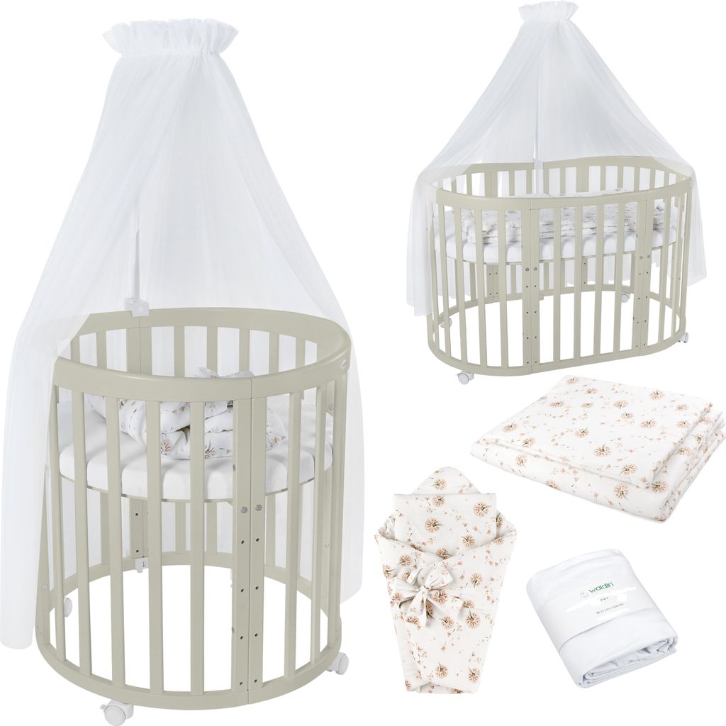 Mobiles Babybett OWAL aus Holz 7in1 mit Matratze, mitwachsend,Stoffe Weiß Löwenzahn,Holz olive
