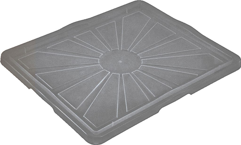 A transparent gray plastic lid with a sunburst pattern is shown from a diagonal angle against a white background.