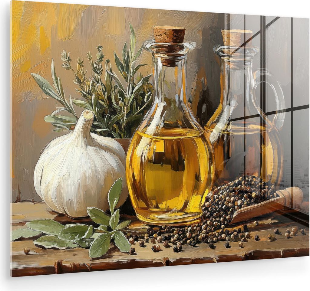 MuchoWow Glasbilder - Bilder auf Wandbild - Foto auf Glas Stilleben - Olivenöl - Knoblauch - Kräuter 80x60 cm Wanddekoration aus Glas - Acrylglas...