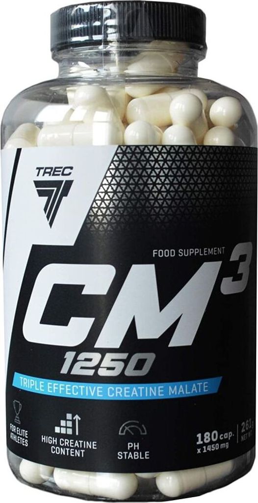 A clear, well-lit studio shot of a bottle of Trec Nutrition CM3 1250 Tri-Creatine Malate capsules.