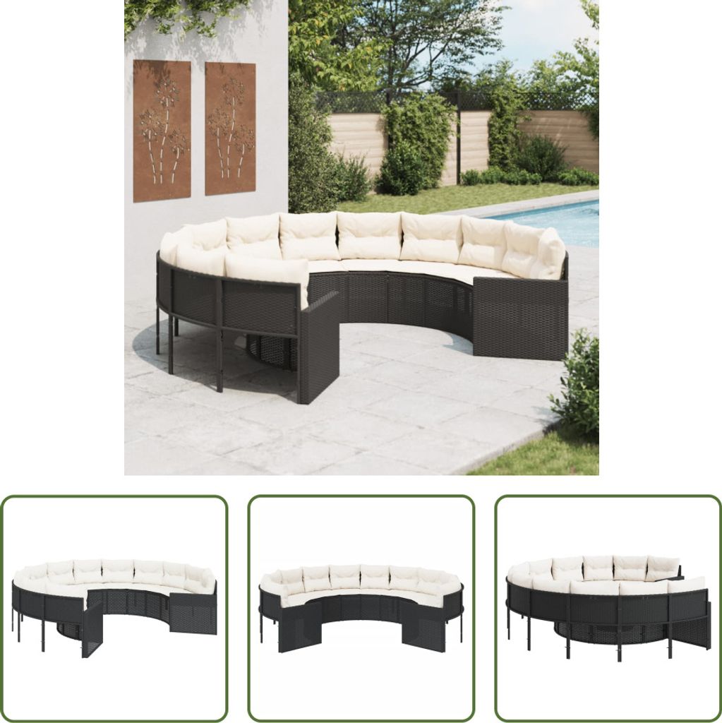 The Living Store Gartensofa mit Kissen Rund Schwarz Poly-Rattan