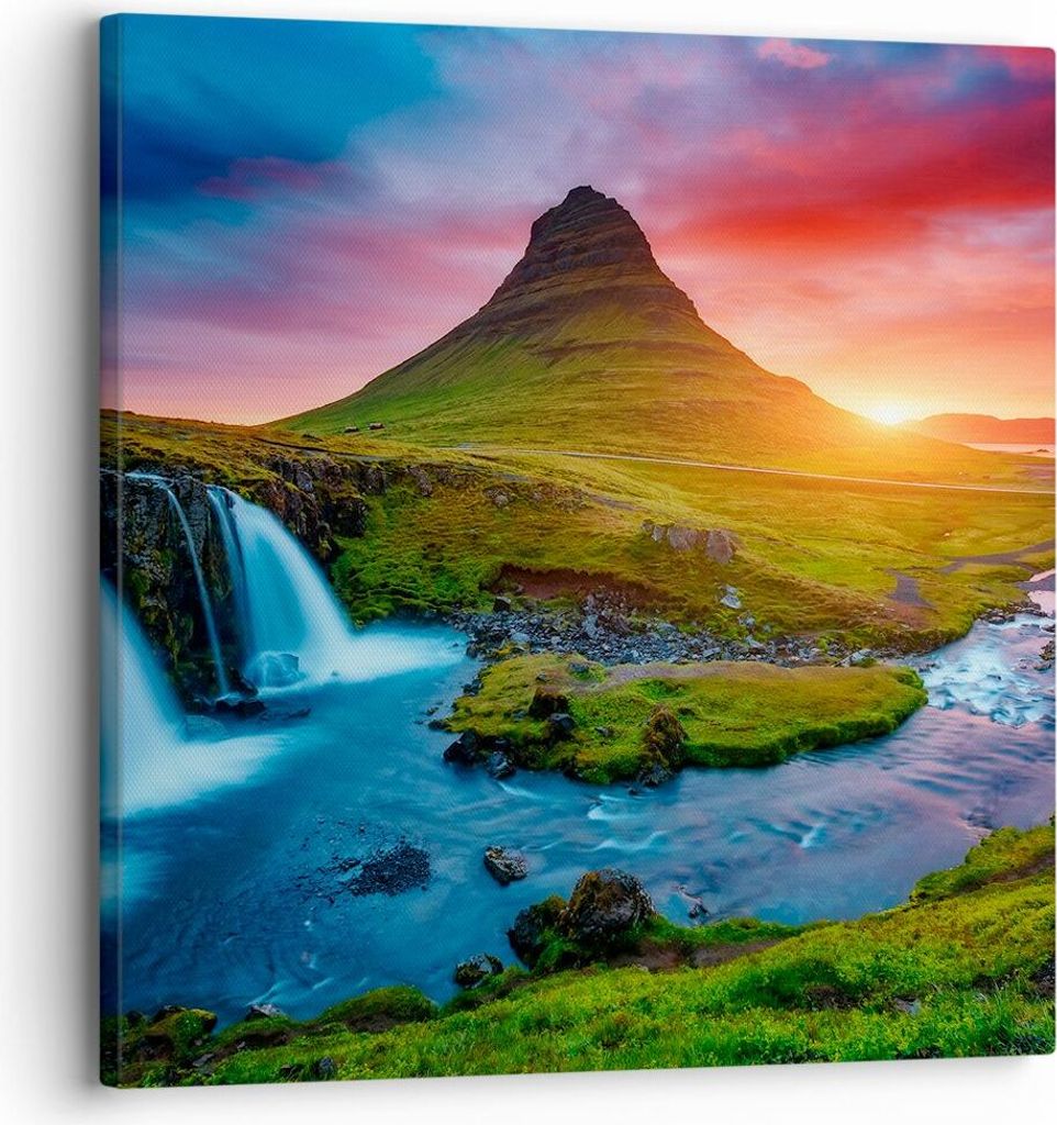 Bild auf Leinwand - Leinwandbild - Sonnenuntergang Wasserfall Island Vulkan - 30x30cm - Wand Bild - Wanddeko - Leinwanddruck - Bilder - Kunstdruck ...