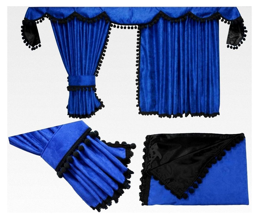 Gardinen für MAN TGX, TGS ab 2020 in blau-schwarz mit Pompoms/Kugeln