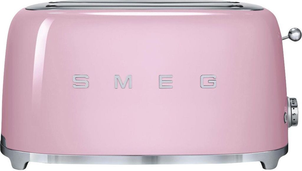 A pink Smeg toaster is shown from the front.