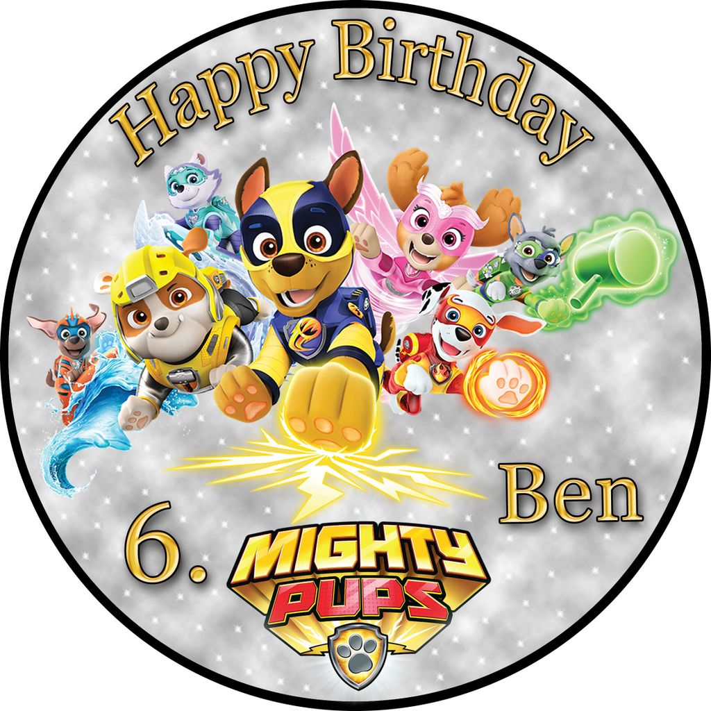 Tortenaufleger Fototorte Tortenbild Kindergeburtstag Paw Patrol Mighty Pups PP04 (Zuckerpapier) Rund 20 cm Ø ohne Foto Grau