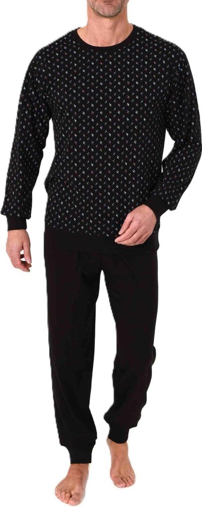 Normann Herren langarm Schlafanzug mit Bündchen Pyjama in edler Minimal Print Optik ; schwarz , 58