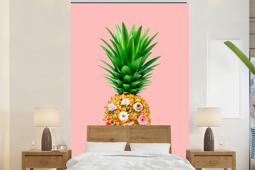 MuchoWow Fototapete für Wohnzimmer oder Schlafzimmer Wandtapete Vinyl Motivtapete Stilleben - Ananas - Blumen - 225x350 cm - Schlafzimmer tapete