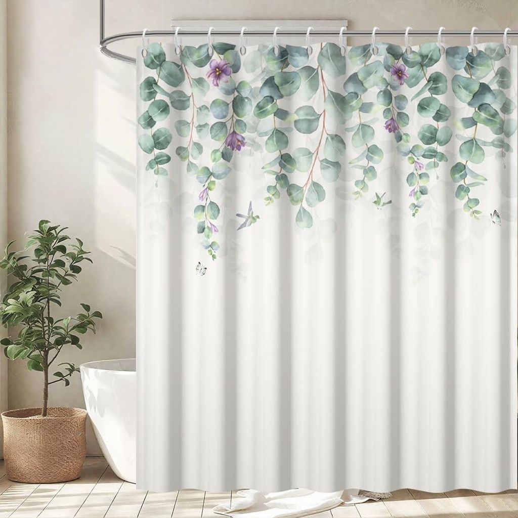 Grauer Duschvorhang, 180x200cm, mit grünen Blättern, Eukalyptus, lila und violetten Blüten, schimmelresistent, wasserdicht, waschbarer Polyester...
