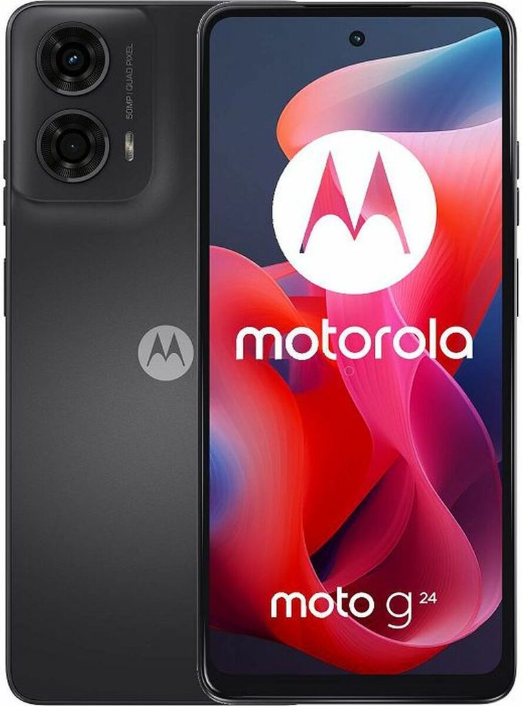 A marketing image of a Motorola Moto G24 smartphone, showing its rear and front views.
