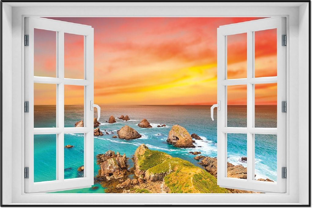 Wallario Wandbild mit Fenster-Illusion: Himmel am Abend, Größe: 61 x 91,5 cm, Poster mit schwarzem Aluminiumrahmen