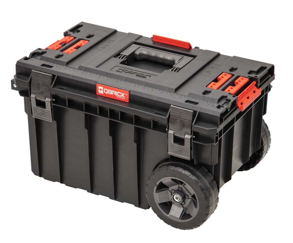 A black rolling toolbox with red accents, shown from a slightly elevated side angle against a white background.