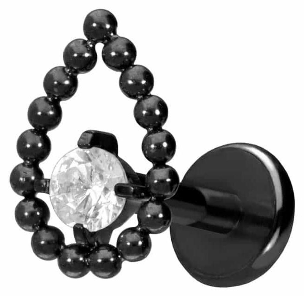 Ohrpiercing, Nasenpiercing Titan Labret mit Push Fit TROPFEN + KRISTALL Schwarz Stablänge: 8mm | Stabstärke: 1mm