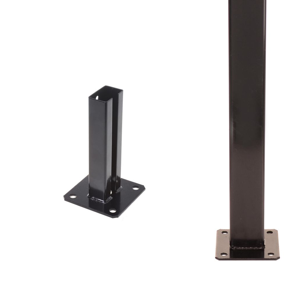 Two black metal post bases are shown against a white background. One is a smaller, upright piece with a slot, and the other is a larger, vertical post with a base plate.