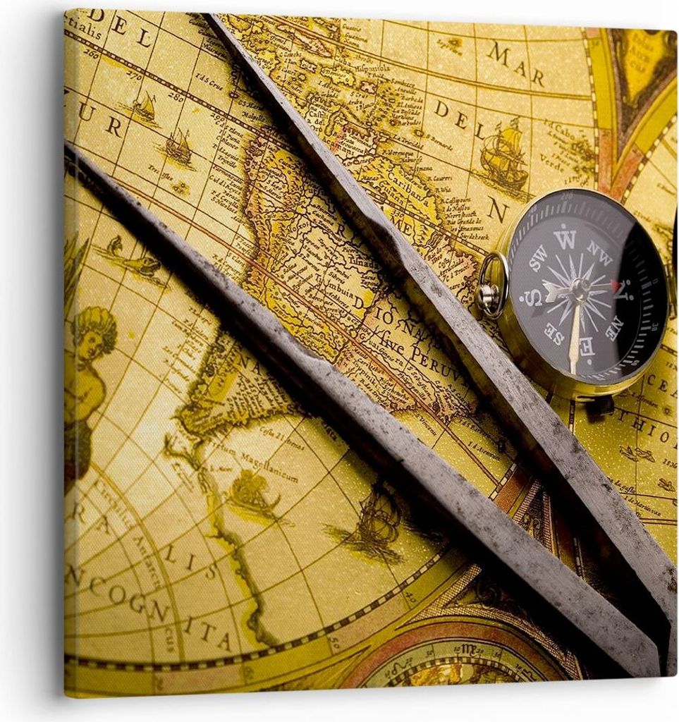 Bild auf Leinwand - Leinwandbild - Kompass Abenteuer Reisen - 30x30cm - Wand Bild - Wanddeko - Leinwanddruck - Bilder - Kunstdruck - Wanddekoration...