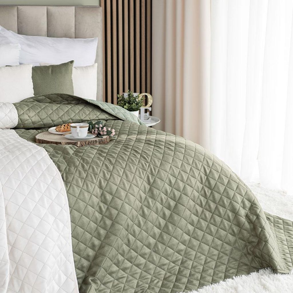 Fischgrät-Tagesdecke Grau-Grün 170x210 cm - Eleganz und Produktbild 