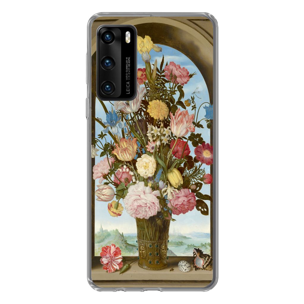 MuchoWow Handyhülle Schutzhülle Hülle für Huawei P40 Vase mit Blumen in einem Fenster - Gemälde von Ambrosius Bosschaert dem Älteren Siliko...
