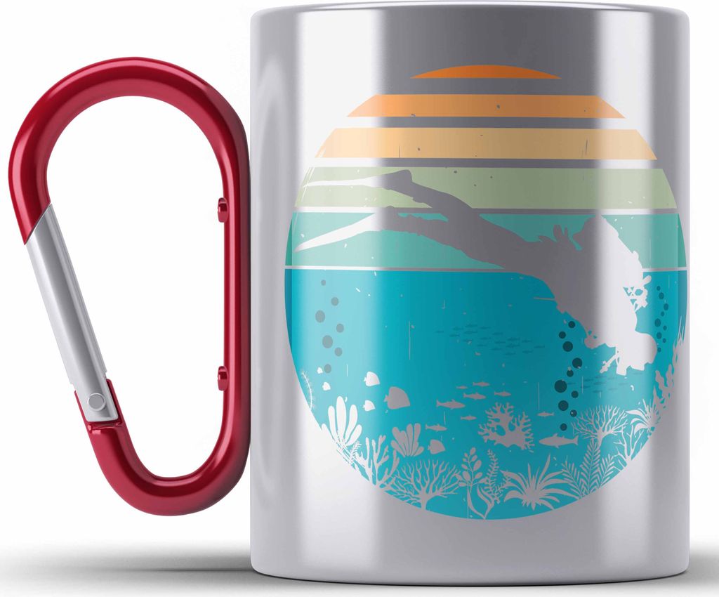 Trendation - Taucher Grafik Edelstahl Tasse Karabiner Geschenk für Tauchlehrer Geschenkidee Lustig Tauchen Tauchsport Wasser (Rot)