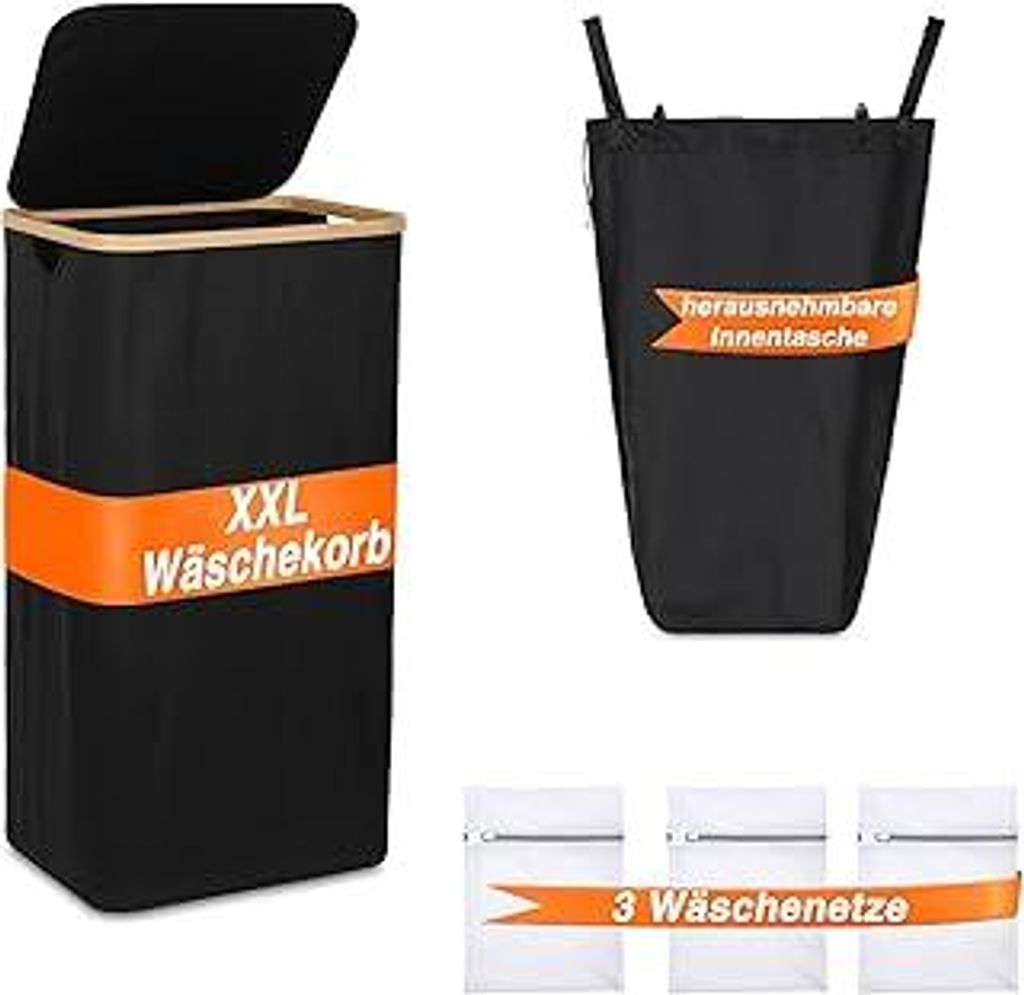XXL Wäschekorb mit Deckel - Modernes Design Wäschesammler & Wäschesortierer - Faltbare Laundry Box mit Innensack & Wäschenetzen - Perfekt als W...
