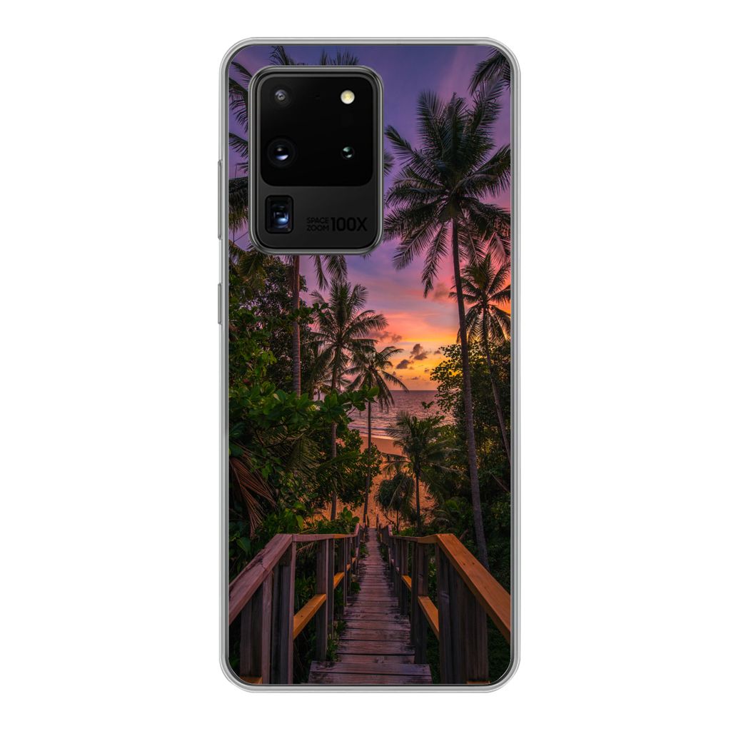 MuchoWow Handyhülle Schutzhülle Hülle für Samsung Galaxy S20 Ultra Sonnenuntergang - Palmen - Strand Silikon Softcase Handy Hülle - Kartenin...
