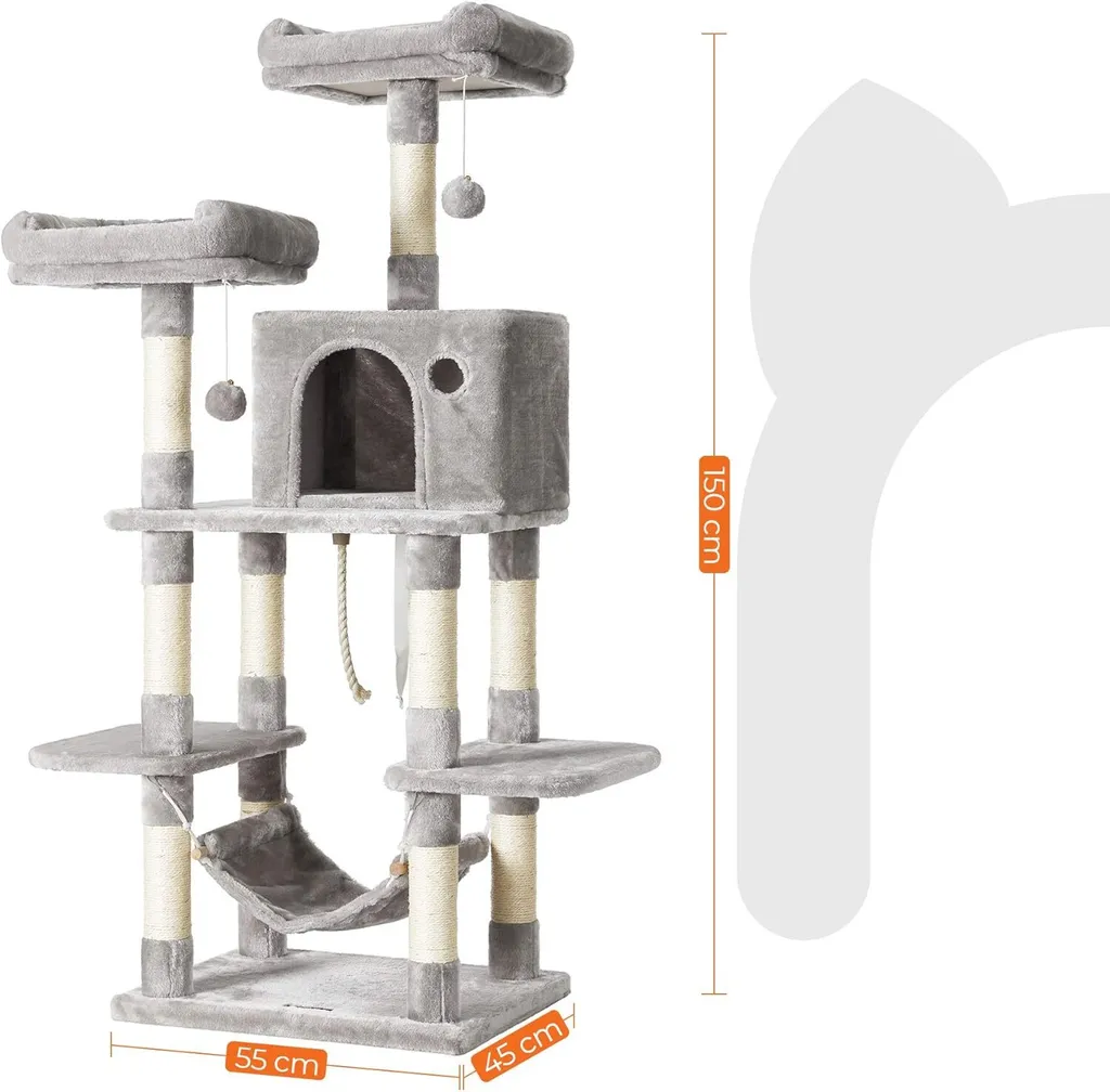 Arbre à Chat avec Pompons et Griffoirs en Sisal 150 cm Gris Clair