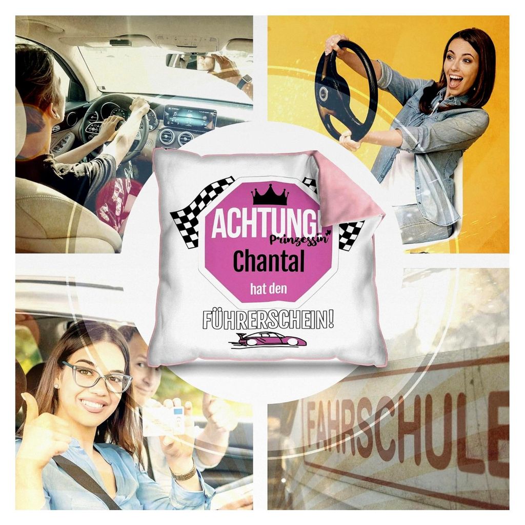 Kissen zur Führerscheinprüfung mit personalisiertem Namen - Achtung! Prinzessin Name hat den Führerschein! - Kissen bedruckt, Fahrprüfung besta...