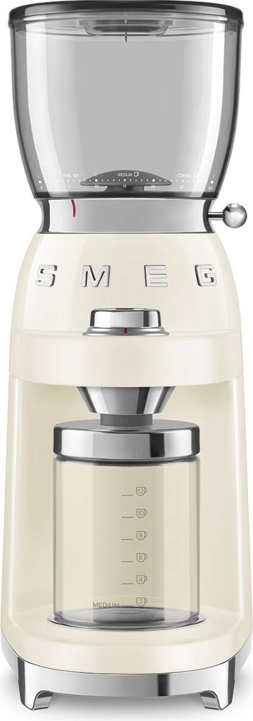 A studio shot of a cream-colored Smeg coffee grinder.