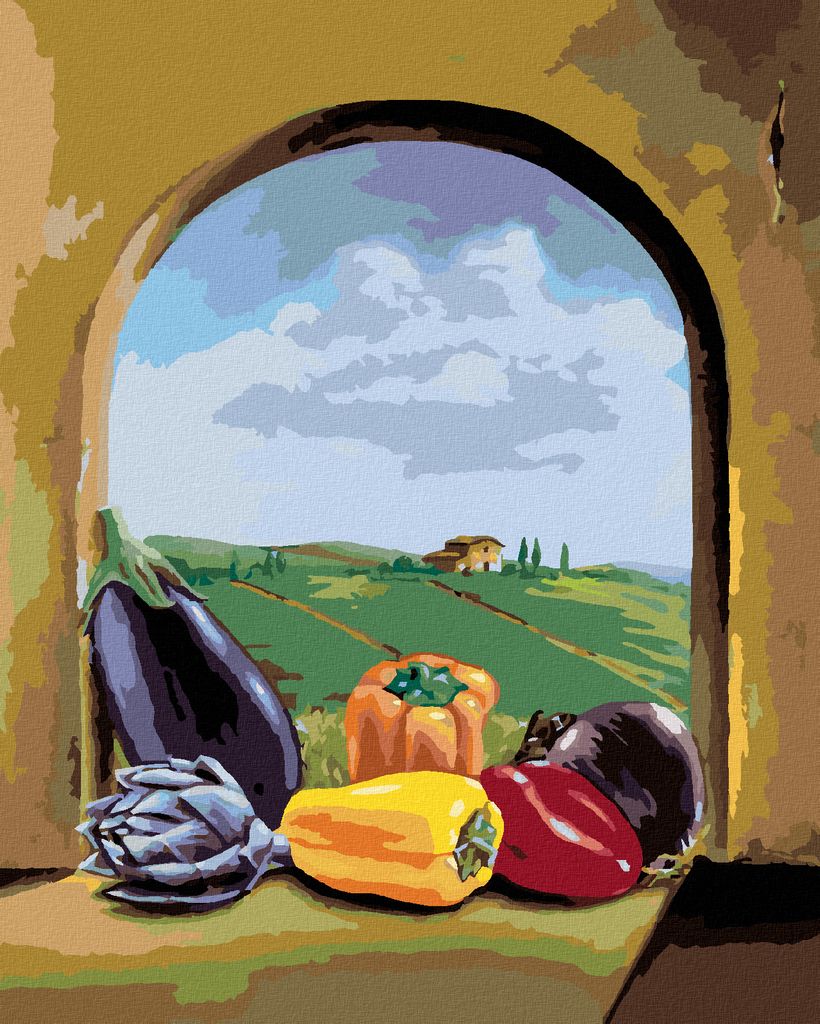 Zuty - Malen nach Zahlen - GEMÜSE AM FENSTER MIT BLICK AUF DIE LANDSCHAFT, 40x50 cm, mit Keilrahmen (bereits gespannt)