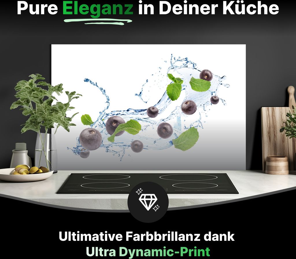 Spritzschutz Küchenrückwand Glas 125 x 50 cm Spritzige Blaubeeren - RUECKWAND24