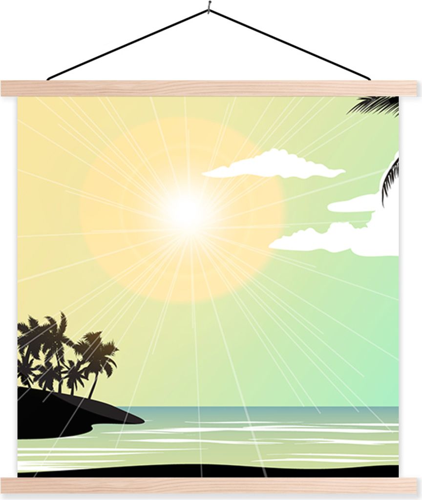 MuchoWow Textilposter Sonne - Meer - Palme 60x60 cm mit holzfarbenen Rahmen - Wanddekoration