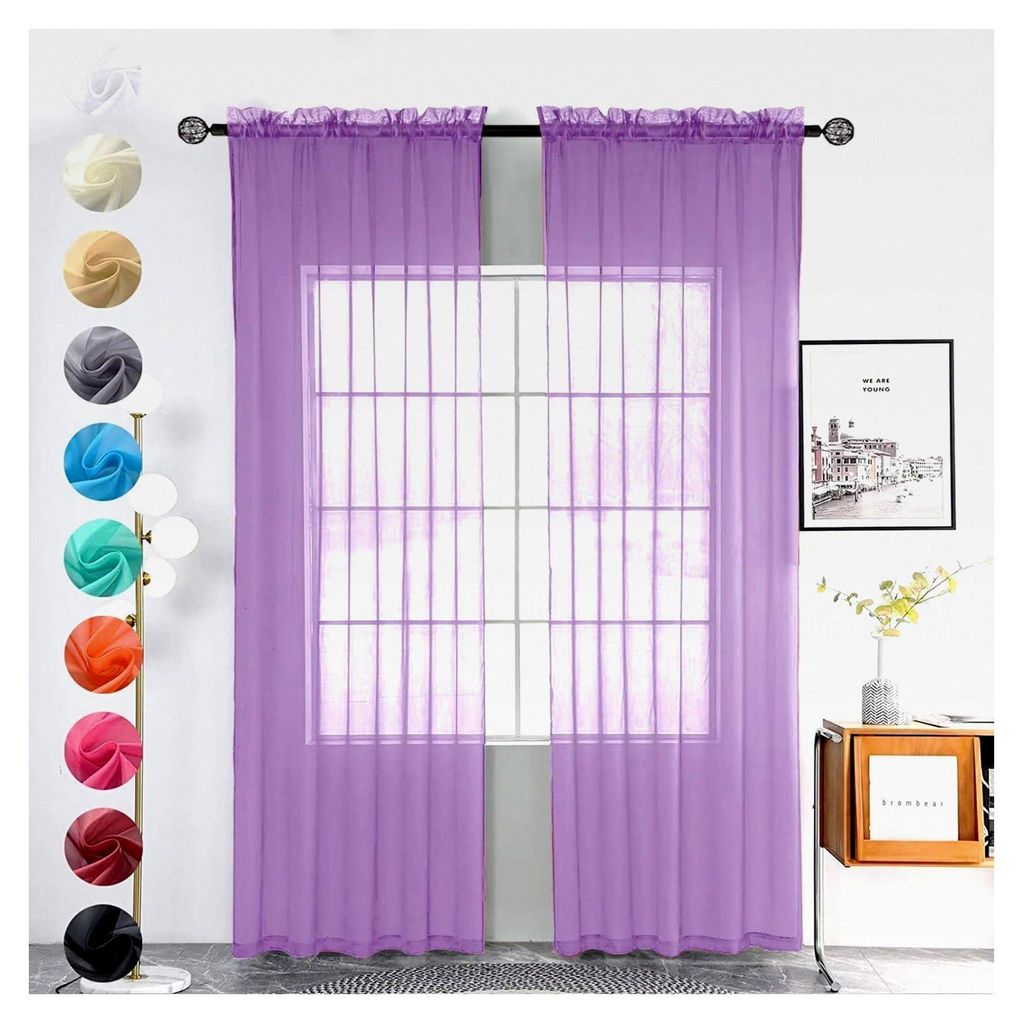 2er Set transparente Voile Gardinen aus Polyester für Fensterdekoration in Wohnzimmer und Schlafzimmer, W140 x H225 cm, Lavendel