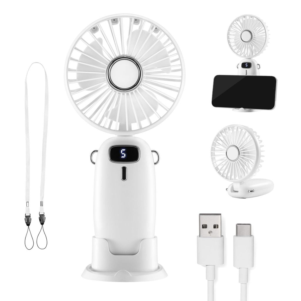 Handventilator – Leichter, Tragbarer, USB Ventilator Klein mit 5 Stufen – Um 90° Faltbar, mit 60 cm Band und Handyhalter – Mini Ventilator