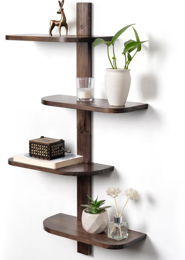 Étagère murale vintage bois massif 4 niveaux marron avec angles arrondis