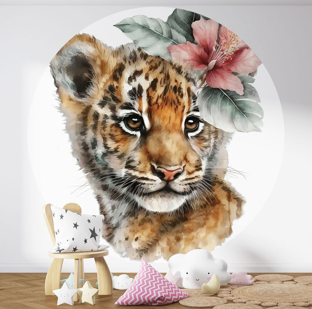 Runde Tapete / Kreis Kinder - Lumaléa - Baby-Leopard - Premium-Papier 185 g, abwaschbar - Durchmesser 130 cm